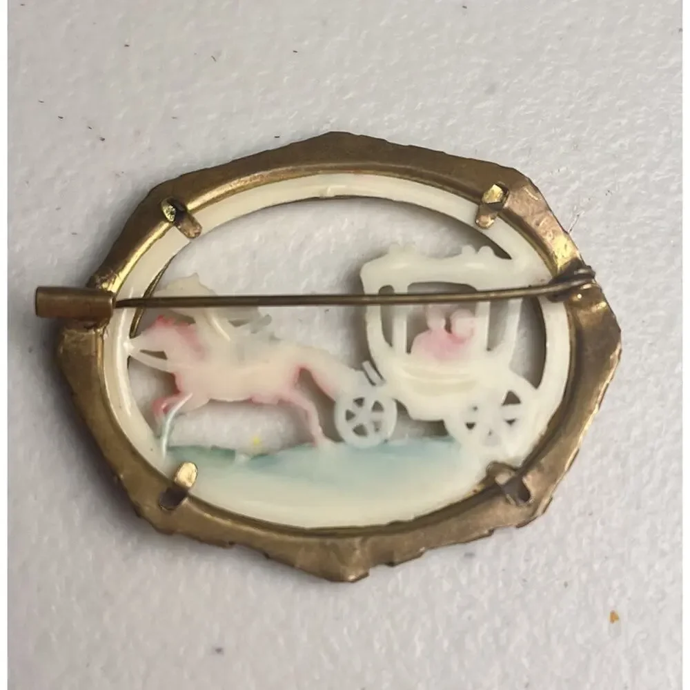 Celluloid Lovers Chariot Brass Frame Colored Carved Brooch Pin Carriage Vintage